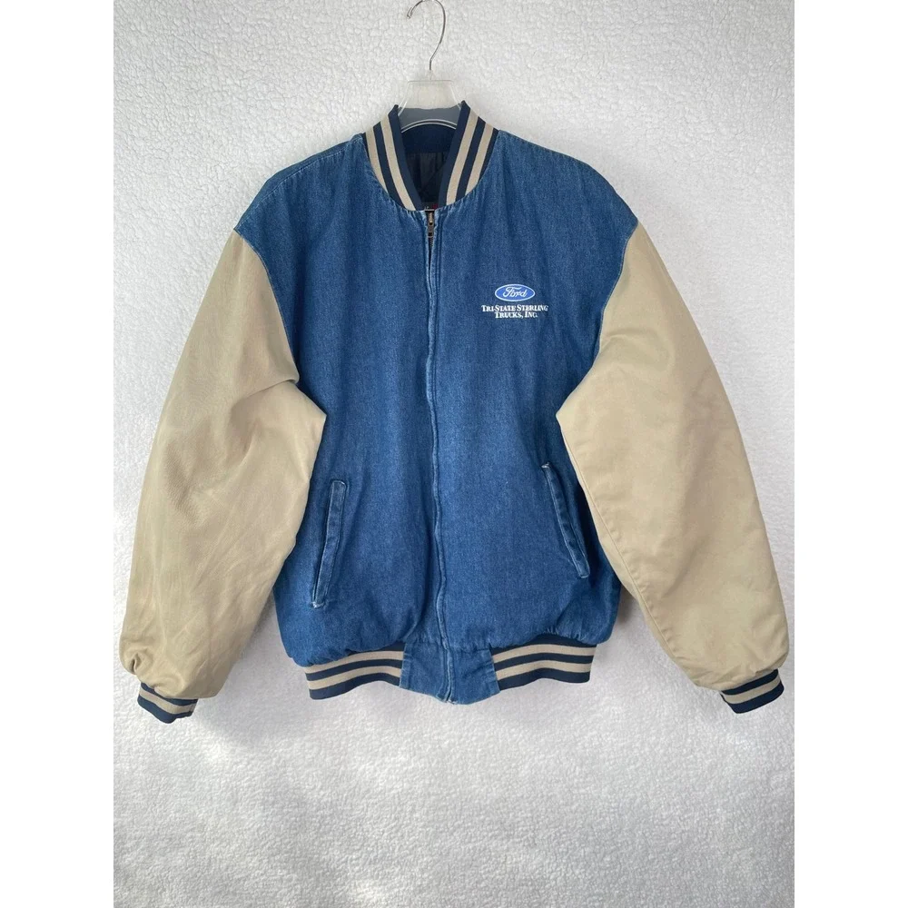 Red Kap Mens Denim Bomber Jacket Blue Tan Ford Trucks Logo‎ Large L-RG 3KR7R220G
